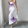 Elegante abito lungo da donna con stampa floreale da appendere al collo, vestibilità aderente che abbraccia i fianchi, abito a coda di pesce per le vacanze estive