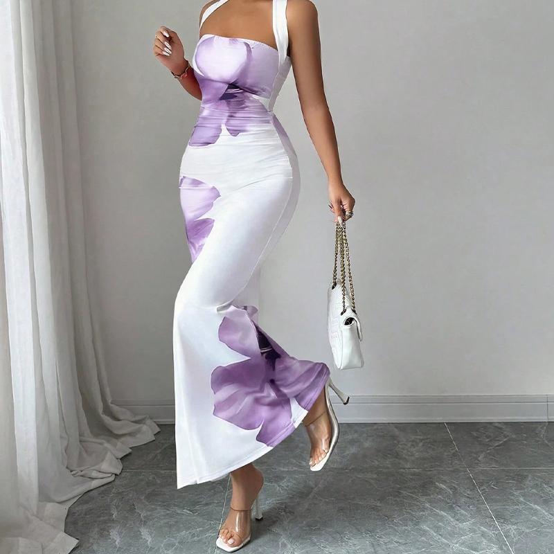 Elegante abito lungo da donna con stampa floreale da appendere al collo, vestibilità aderente che abbraccia i fianchi, abito a coda di pesce per le vacanze estive