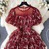 Summer Lace Hook Flower Embroidered Bubble Sleeve Dress for Womenfashion Slim Waist Dress Female A-line Cake Party Retro Dress