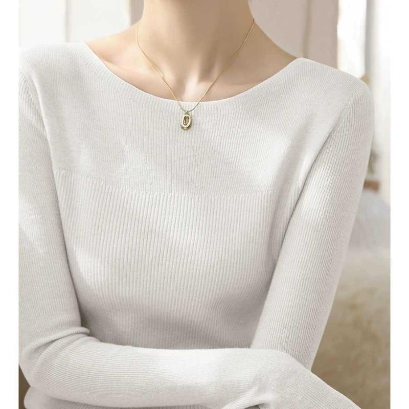 

Core-spun yarn new long-sleeved wool top women s versatile solid color design sense one-word collar inner backing knitted sweater one size fits all