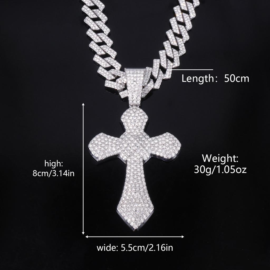 Temu Hot Sale Alloy Jewelry Full Diamond Cross Pendant, Rap Men Hip Hop Cuban Chain Street Fashion Necklace