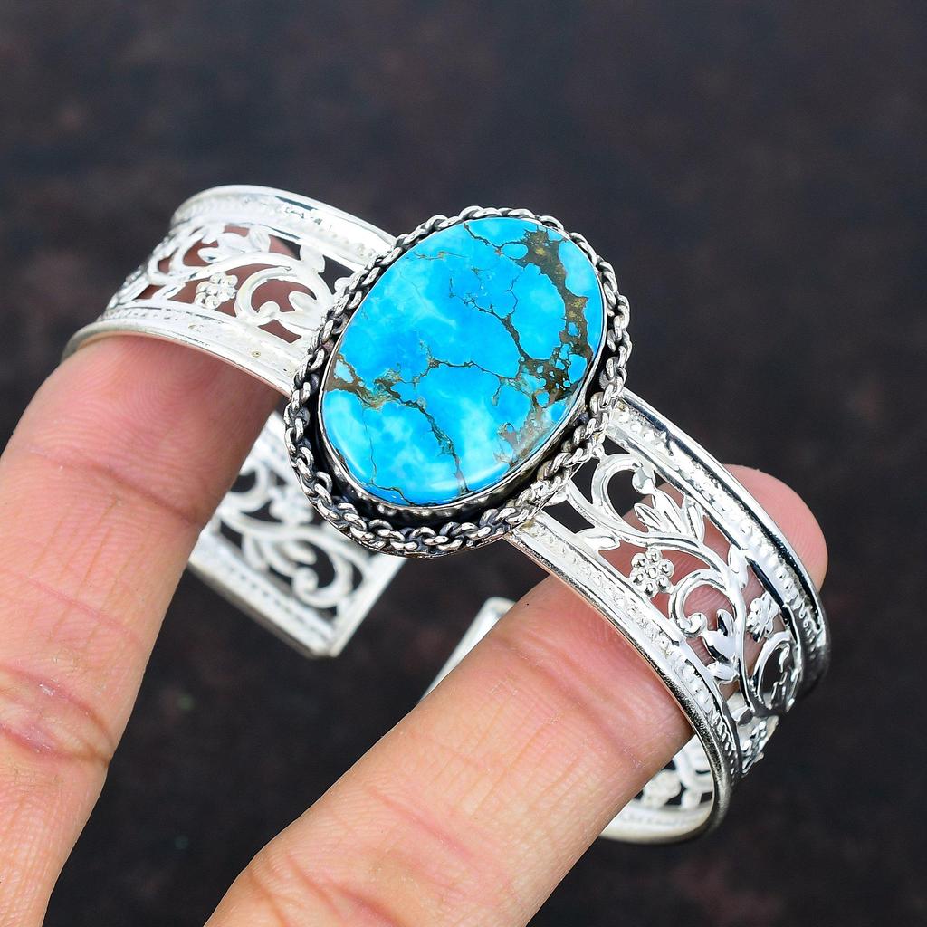 Tibetan Turquoise Bangle Genuine Gemstone Jewelry 925 Sterling Silver Cuff Bracelet Adjustable Bangle Handmade Boho Jewelry Anniversary Gift