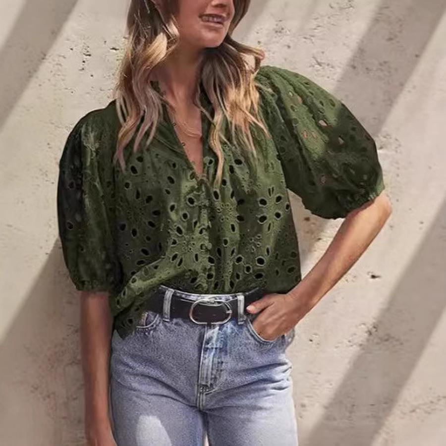 Top Estivo da Donna Moda Casual Manica a Lanterna Scollo a V Bottoni Ricamo Intrecciato in Pizzo Camicia
