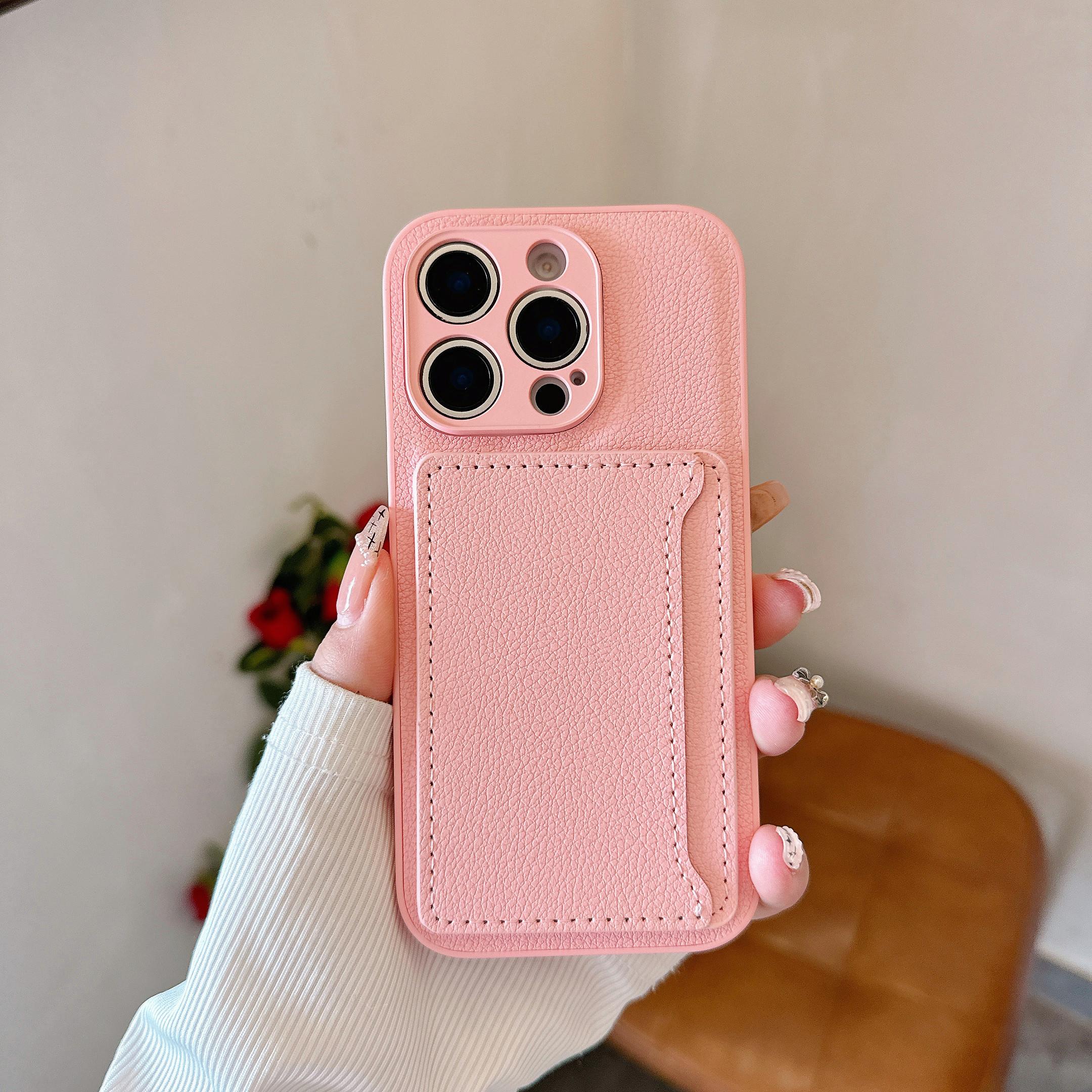 

Чехол-кошелек из однотонной кожи личи для iPhone 16 15 14 13 12 Mini 11 Pro X XS XR Max 8 7 Plus с отделением для карт и защитным чехлом For iPhone 13 розовый