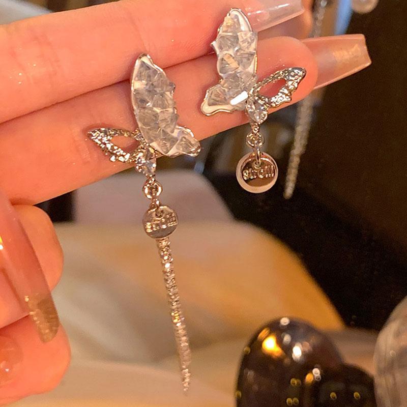Asymmetrical Crystal Butterfly Tassels Ear Stud Earrings