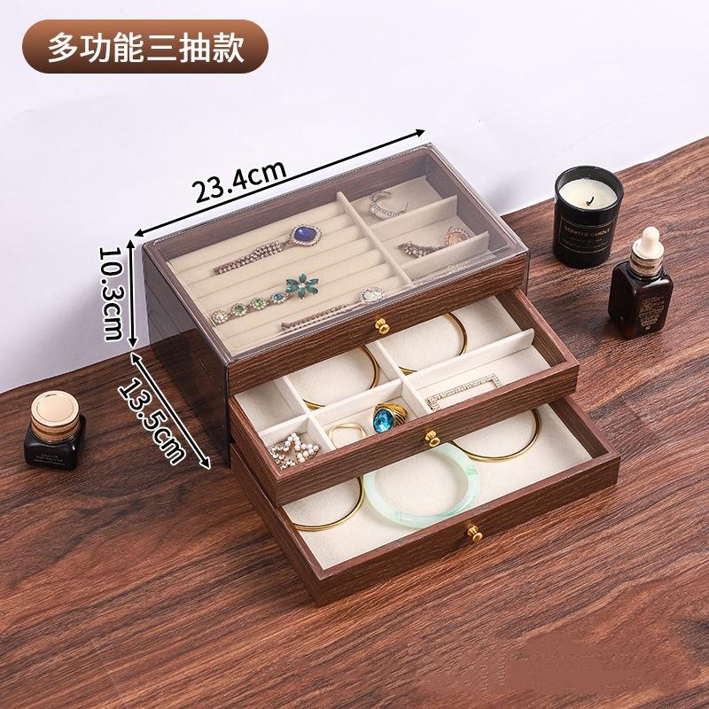 Vintage Walnut Jewelry Organizer Earrings Necklace Dust Jewelry Box Home Desktop Large Capacity 3 Layer Jewelry Box