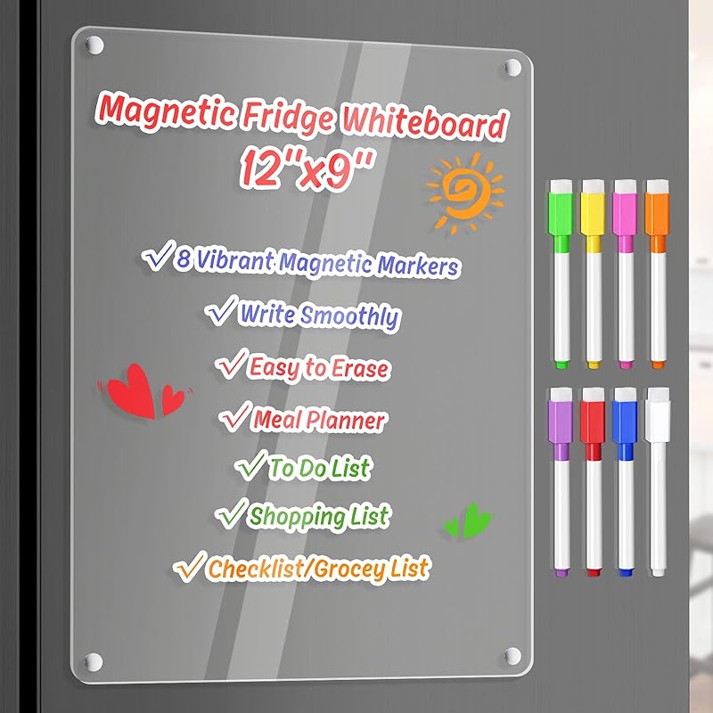 Acrylic Meal Planner Magnetic Menu Board for Kitchen Fridge w/Markers, Clear Weekly Calendar Planning Board Noteboard Refrigerator Dry Erase Board to