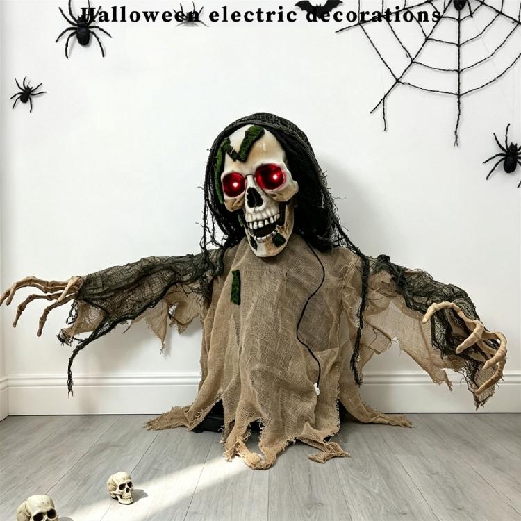 Halloween-Partyfigur mit rotem Lichtblick, geräuschaktiviert, bewegungsaktiviert und mit gealterter Stoffoberfläche für den Einsatz im Garten, auf der Veranda, auf dem Friedhof als Display-Szene