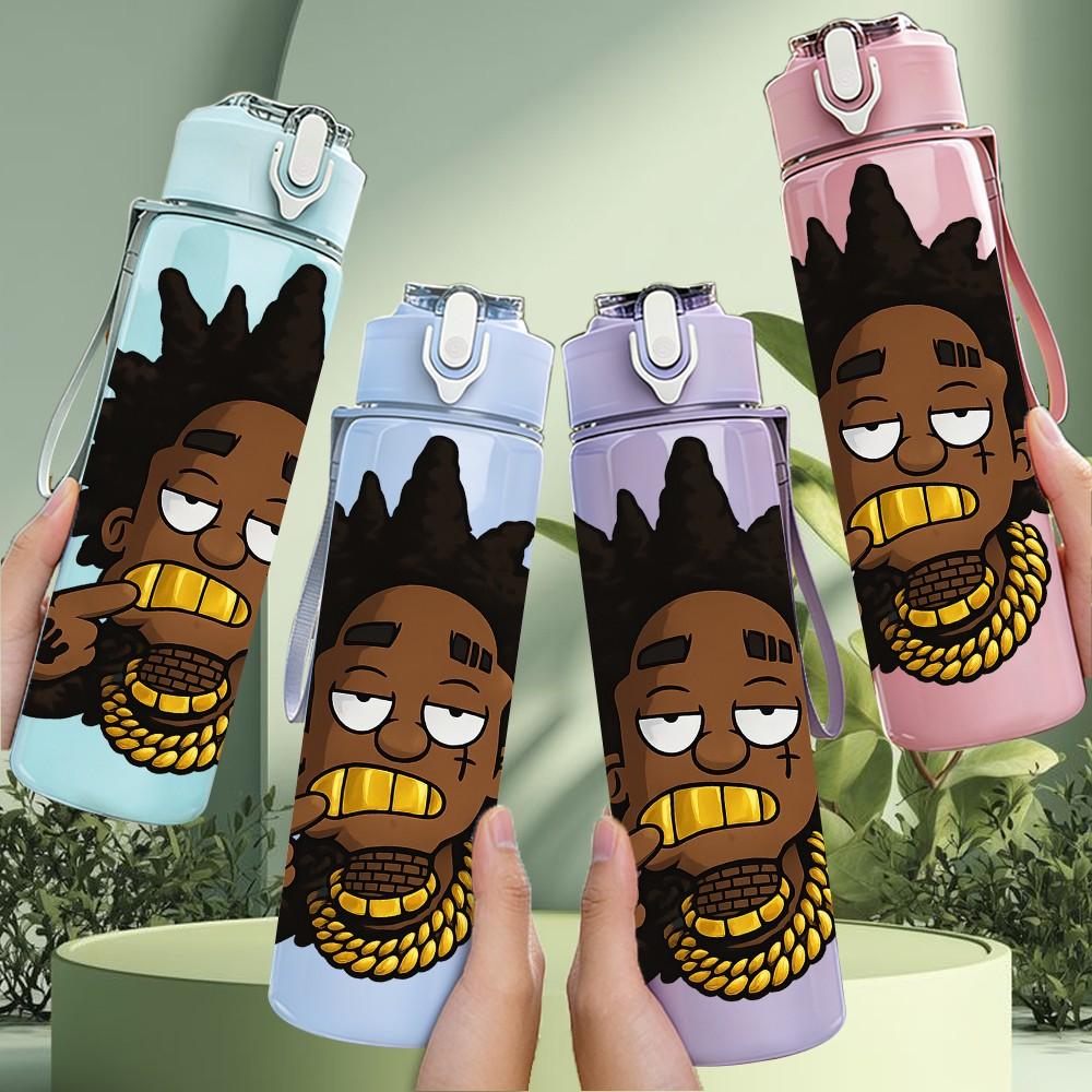 1PC Afro Boy Hip Hop Character Print 750ml Color Plastic Sports Water Bottle Leakproof Flip Straw Lid Suitable for Sports Office Home Use