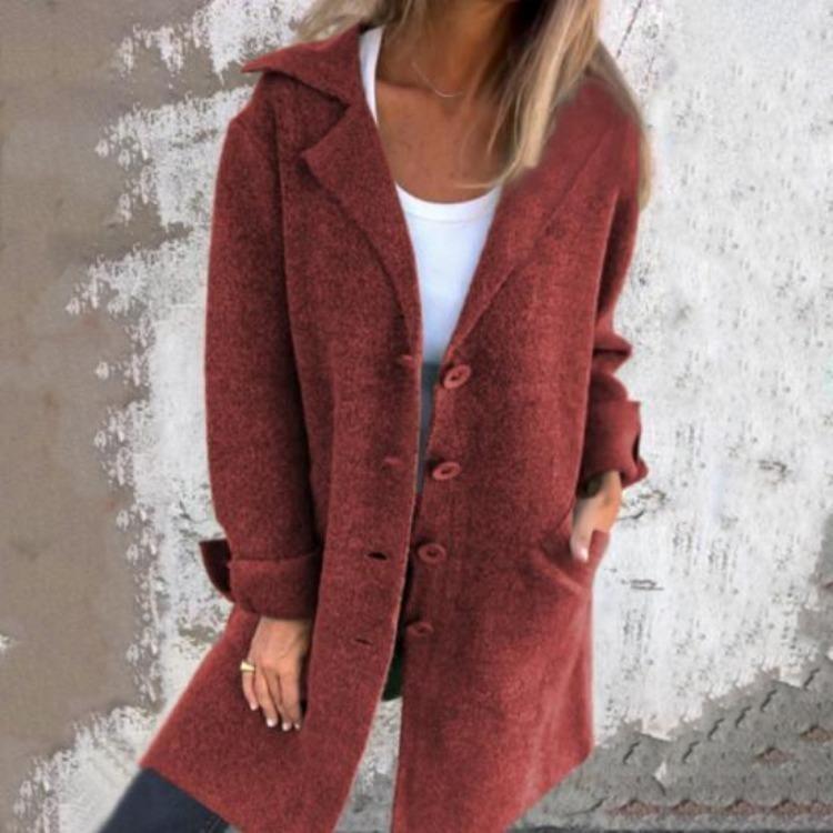 Winter Women Wool Coat Mid Length Overcoat Loose Turn Down Collar Single Breasted Long Sleeves Solid Color Pockets Jacket for Commuting Dating