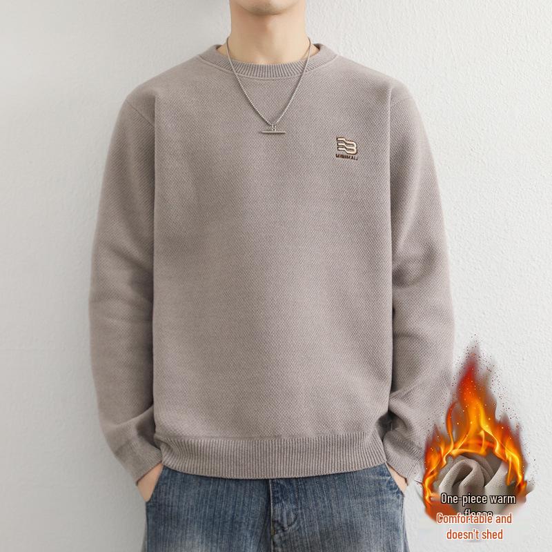 Men's Youth Velvet Thickened Wool Sweater - Embroidered, Warm, Trendy Round Neck Knitwear for Autumn and Winter