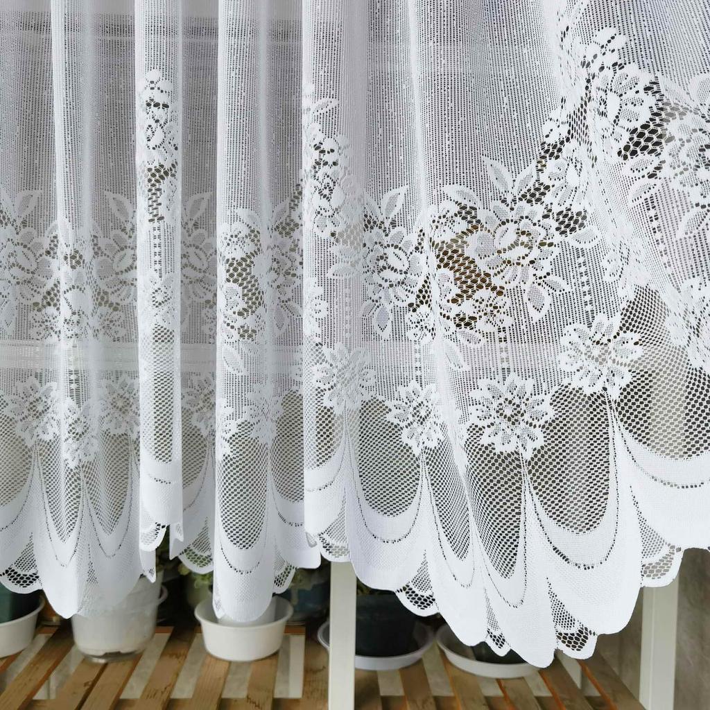 Cute white lace cafe curtains, 60cm long, for small windows. Stylish embroidered floral pattern. Perfect for privacy and short curtains for coffee