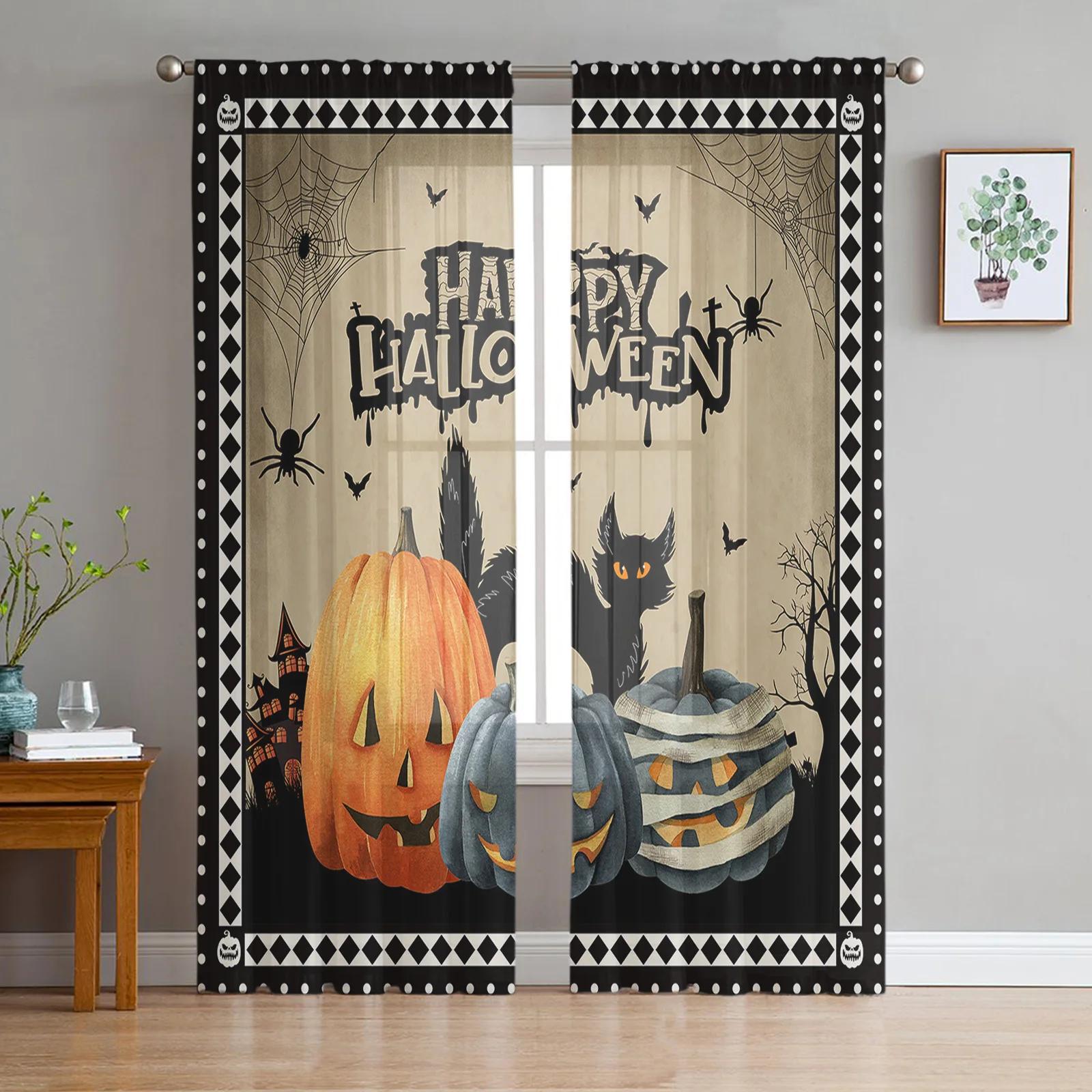 

Modern Halloween Crow Skeleton Light Voile Drapes For Bed Chamber Fine Netting Window Panel Curtain For Room Living Transparent Curtains Blinds W135 x H115cm x1&Grommet Top