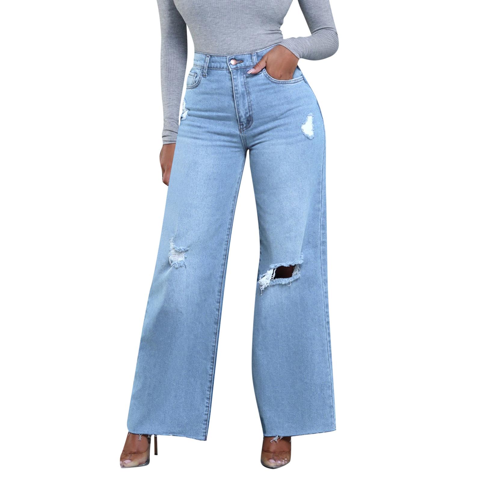 

Женские длинные широкие брюки, свободные джинсы, прямые брюки с высокой талией XL светло-синий