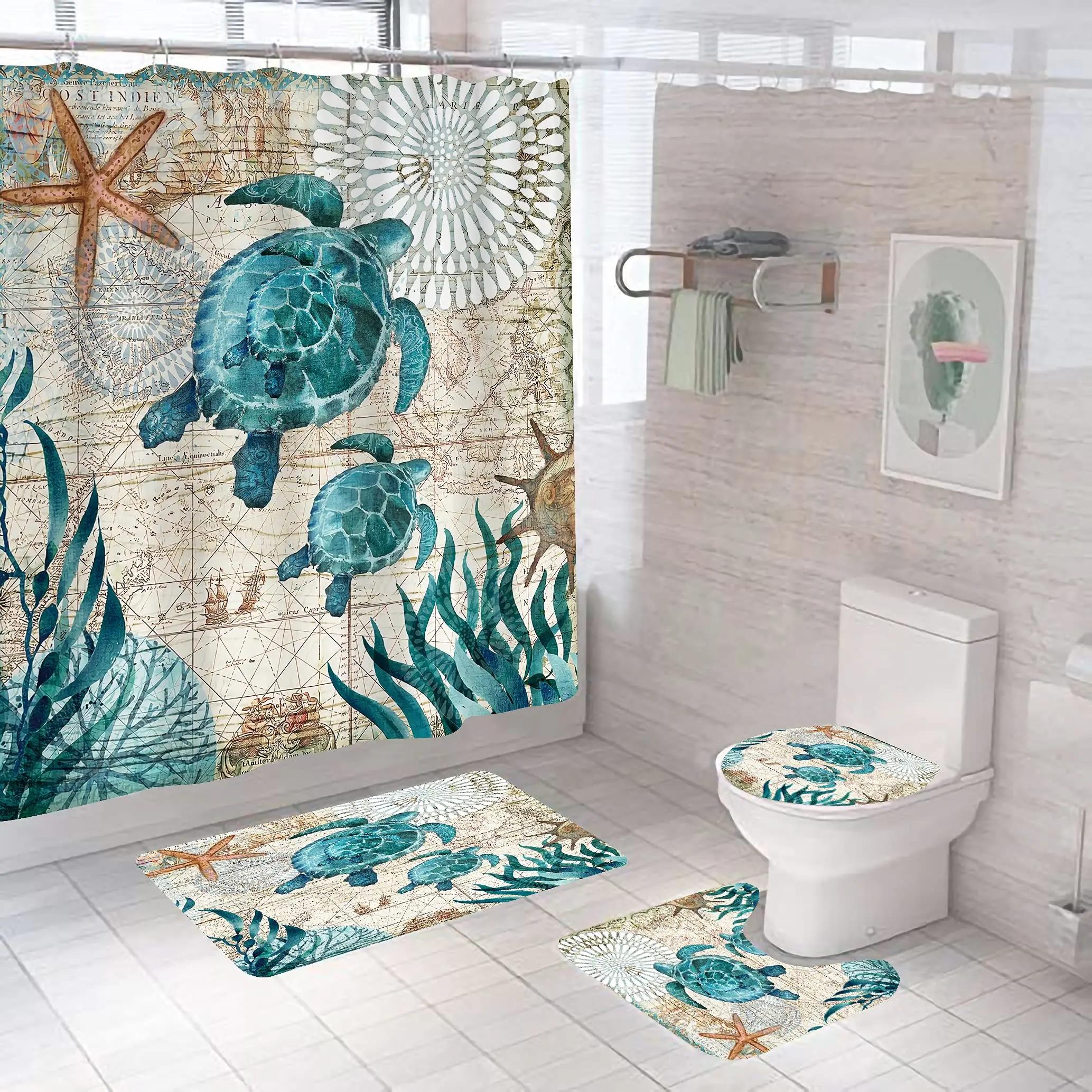 

Sea Turtle Shower Curtain Set Bathroom Rug And Accessories Ocean Nautical Shower Curtain Set With Hook Durable Waterproof Fabric W60H190(CM)-1 Pcs