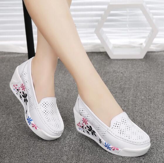 Autumn Genuine Leather Women's Shoes Nurse Swing Work Single Shoes Wedges Women's Shoes Female Platform Sneakers