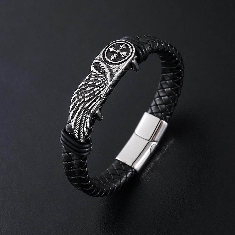 Punk Vintage Gothic Wing Leather Braided Stainless Steel Wristband Cuff Fashion Jewelry Bracelet Men Magnetic Clasp