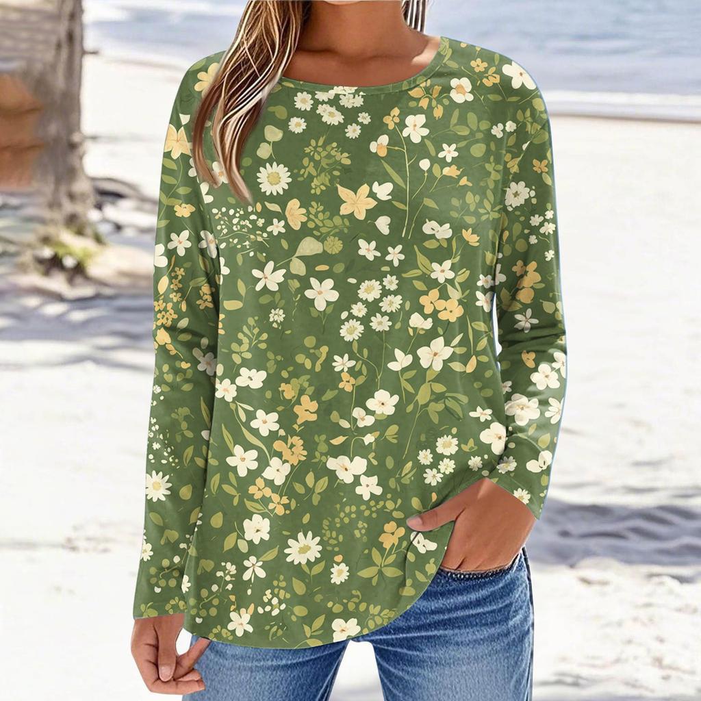 Women's Fashionable Casual Printed Long Sleeved Round Neck Top Round Neck Top Top
