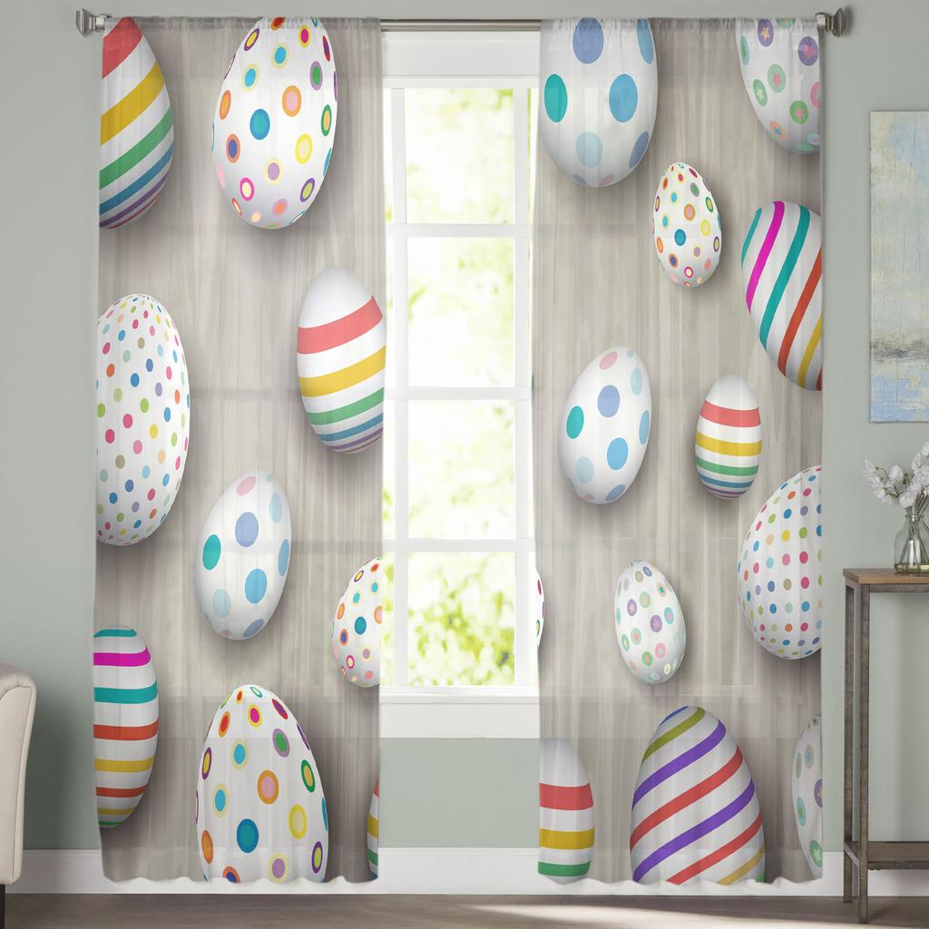 Easter Eggs Wood Grain Background Tulle Curtains For Living Room Bedroom Voile Sheer Curtain Window Home Decor Drapes