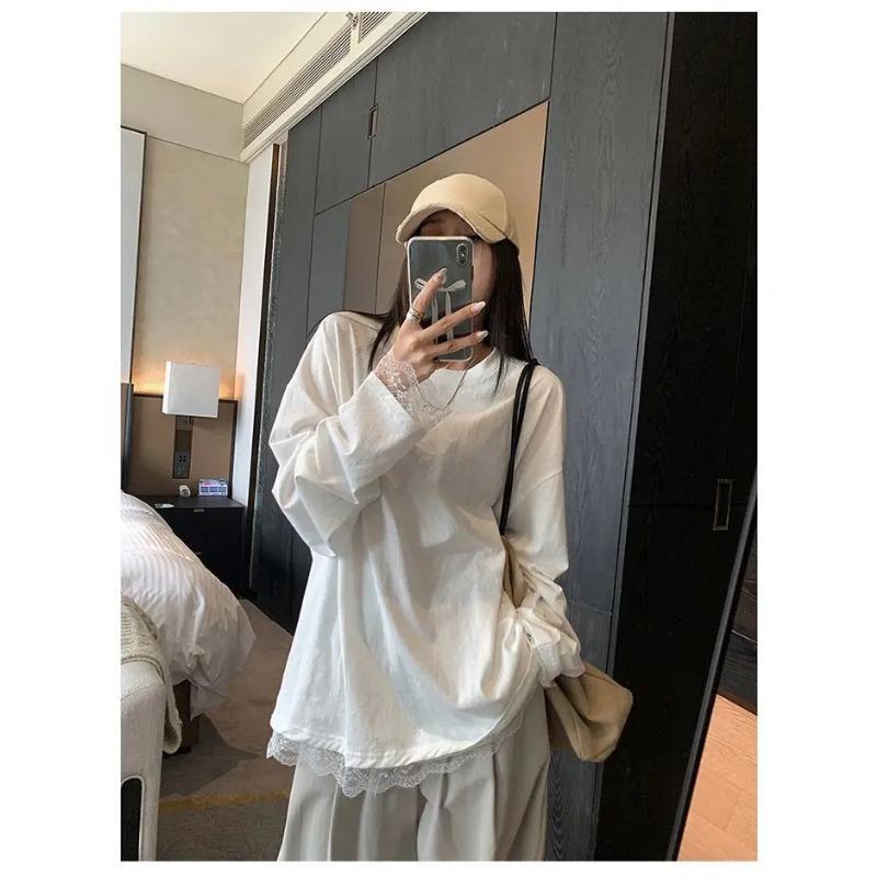 Simplicity Lace Patchwork Loose T Shirts Spring Autumn New Long Sleeve High Street Solid Tops Harajuku Fashion Women Clothing