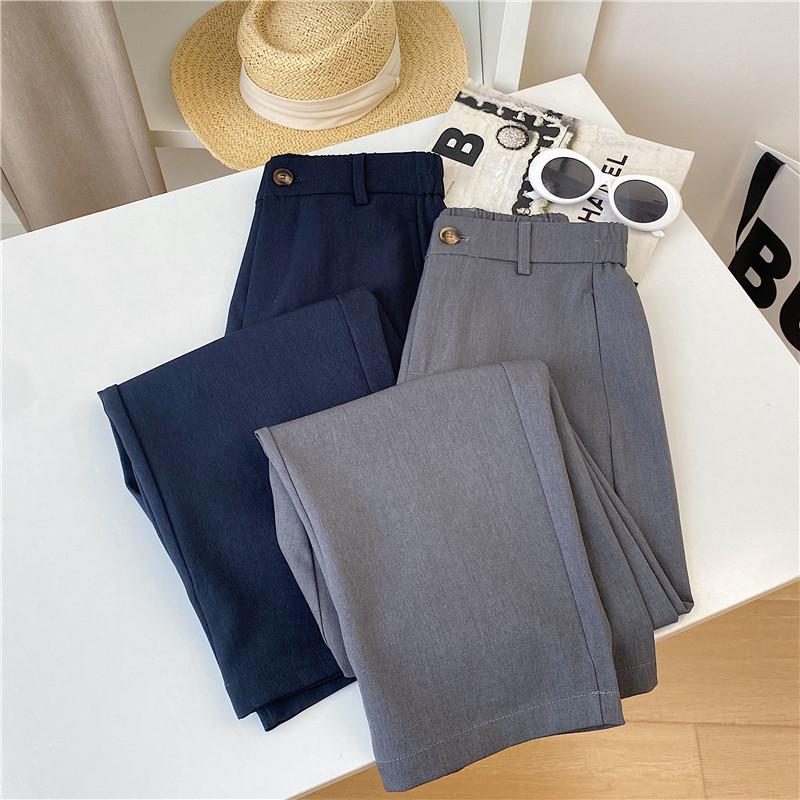 Women's 2024 Autumn Khaki Wide-Leg Suit Pants - Navy Blue, Loose, Straight, Nine-Point Length
