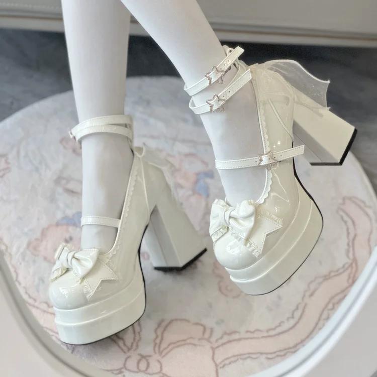 Fashion Lolita Mary's Little Shoes New Style Sweet Student High Heels Spicy Girl Single Shoes Large Size Chiffon Elegant Butterfly-knot
