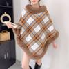 Women Plaid Print Poncho Pullover Soft Fleece Shawl Collar White Background Cozy Winter Cape Top