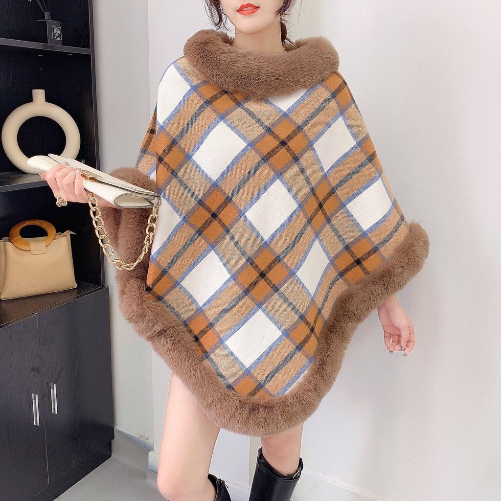 Women Plaid Print Poncho Pullover Soft Fleece Shawl Collar White Background Cozy Winter Cape Top