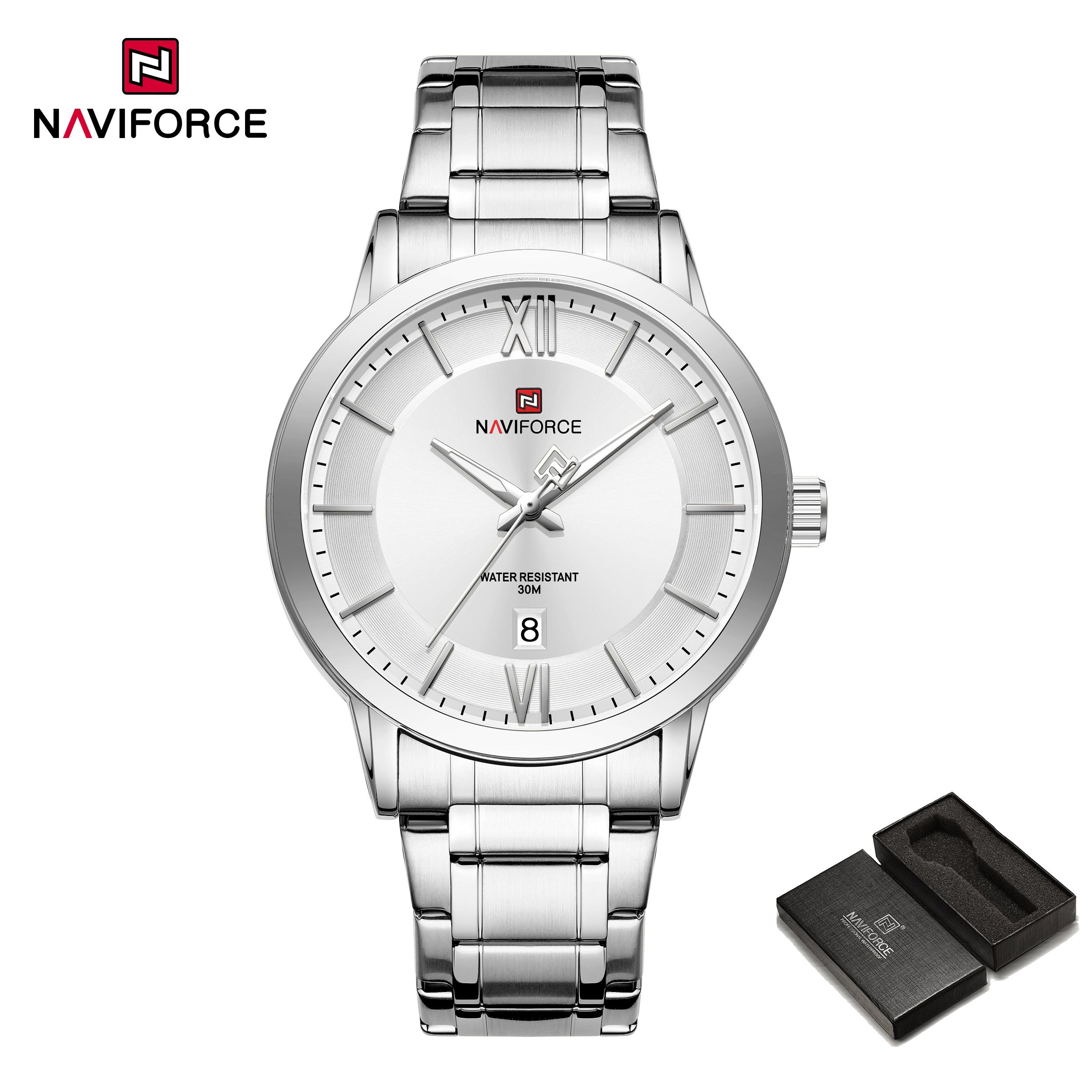 

Naviforce Оригинальные простые кварцевые часы для мужчин, календарь, ремешок из нержавеющей стали, водонепроницаемость 3 АТМ, люминесцентные стрелки, деловые повседневные мужские часы NF9254 серебряный/белый