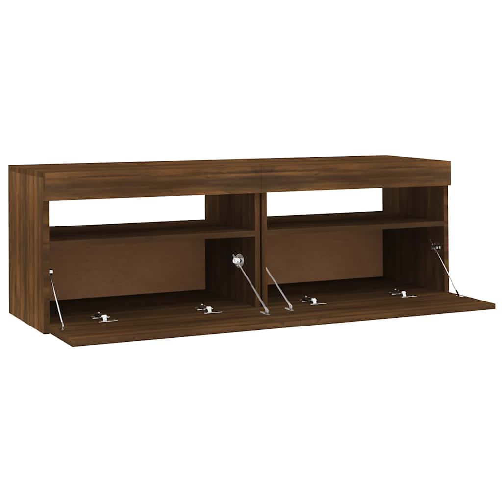 Moderner TV-Schrank Im Vintage-Stil Mit LED-Licht Außenansicht Aus Brauner Eiche 120x35x40 Cm