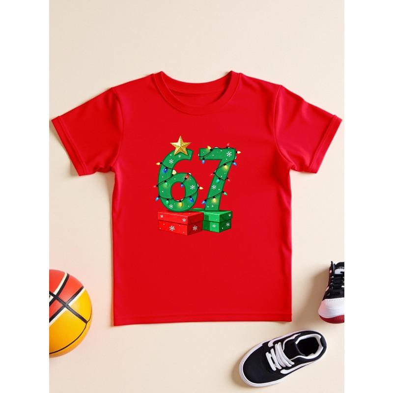 Europäische Größen Weihnachten Nummer 67 Kinder-T-Shirt Jungen und Mädchen Feiertags-Print Oberteil Schneeflocken Bunte Lichter Muster Passende Familien-Outfits