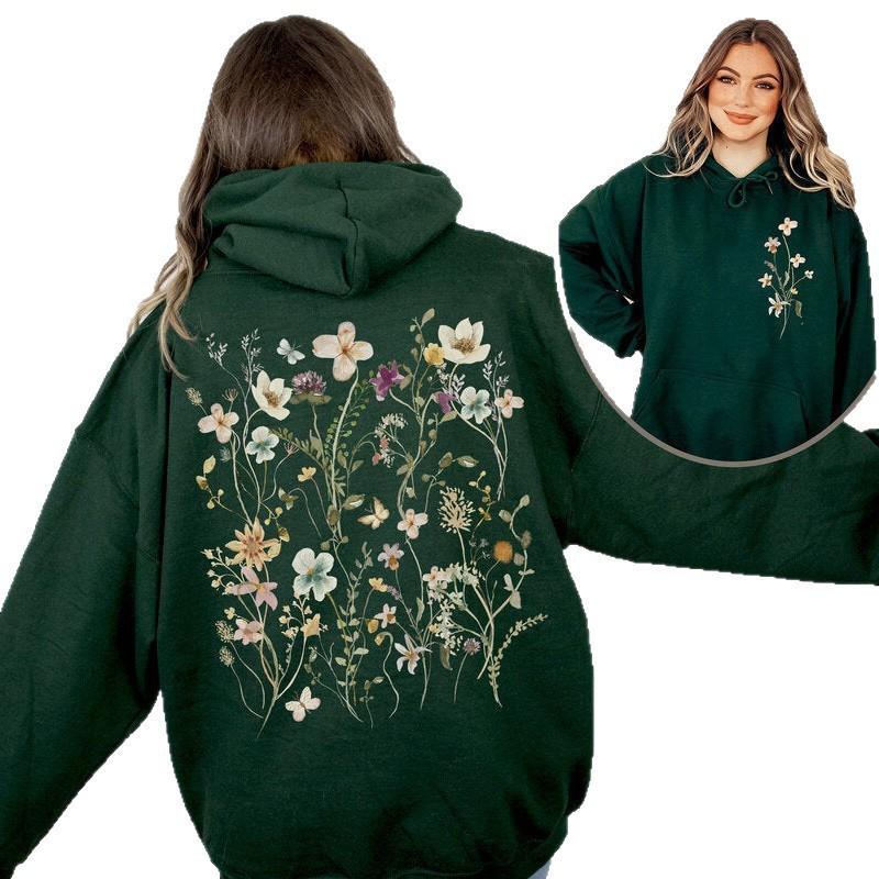 2025 Trendy Floral Print Loose Plus Size Pullover Hoodie Sweatshirt