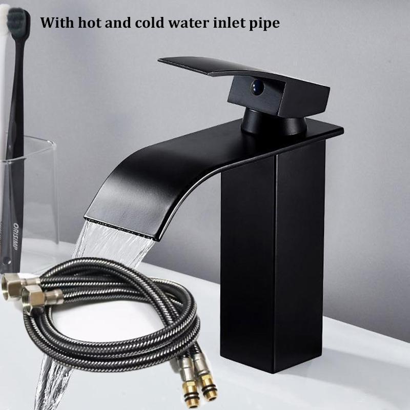 Waterfall Wash Basin Stainless Steel Faucet Black With Hot And Cold Water Inlet Pipe Toilet Wash Basin Bathroom Home