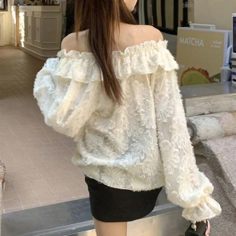 Off Shoulder Casual Lace Shirt Women Elegant Ruffled Long Sleeve Blouse Women Clothes Sweet White Tops Women Clothing 29972