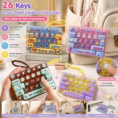 Candy Color Keycap Keychain Cute Cartoon 26-Key Aecompression Keyboard Keyrings Fidgets Keycap Clicker Bag Pendant