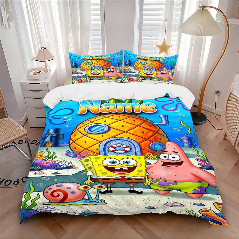 Custom Name Spongebob Patrick Ocean Fun Print 3Pcs Bedding Set Duvet Cover With 2 Bedro Pillowcase Home Birthday Gift