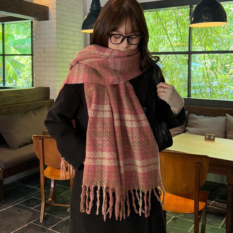 Premium contrasting color plaid scarf, winter warm couple scarf dual-purpose fringed decorative shawl