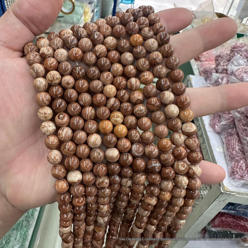 Coffee Wood Grain Stone Beaded Bracelet: Natural Round Beads Jewelry Accessory in Coffee Color