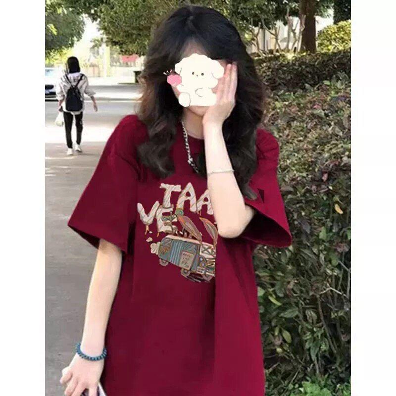 Purple Dopamine Cartoon Print Short-Sleeved T-Shirt 150kg Plus Size Women's Clothing 2026 Summer 100kg Pure Cotton Top