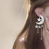 Silver Needle Moon & Star Tassel Pendant Earrings - Chic, Luxurious, Lightweight, Fashionable.