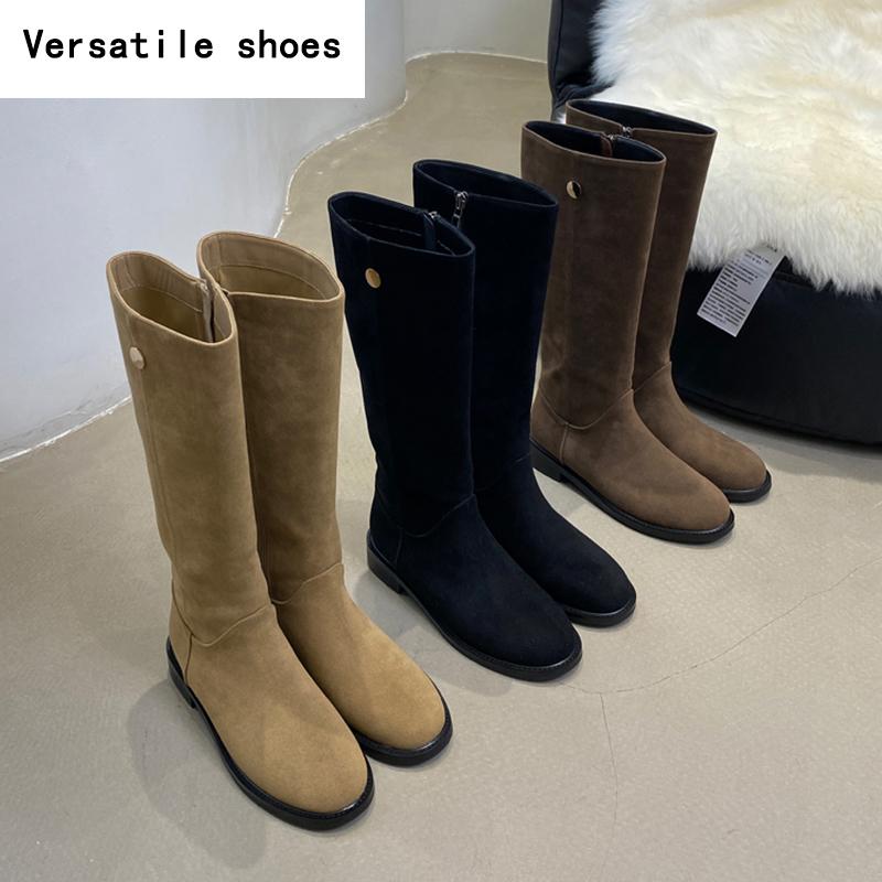 Vintage Flats Women Knee High Boots Fashion Side Zippers Shoes Autumn Winter Laides Concise Long Botas De Mujer
