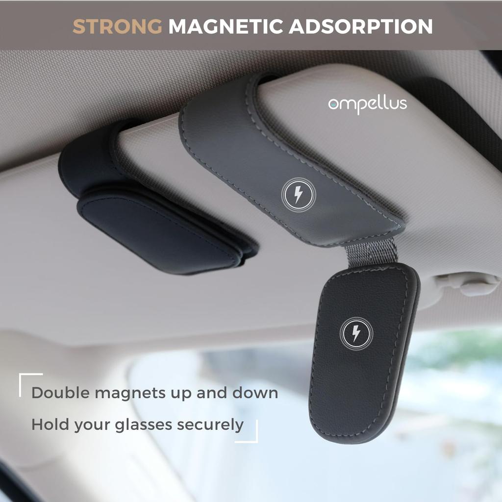 Ompellus Magnetic Leather Sunglasses Holder Eyeglass Hanger Clip for Car Sun Visor Suitable for Different Size Eyeglasses (Beige, 2 Pack)