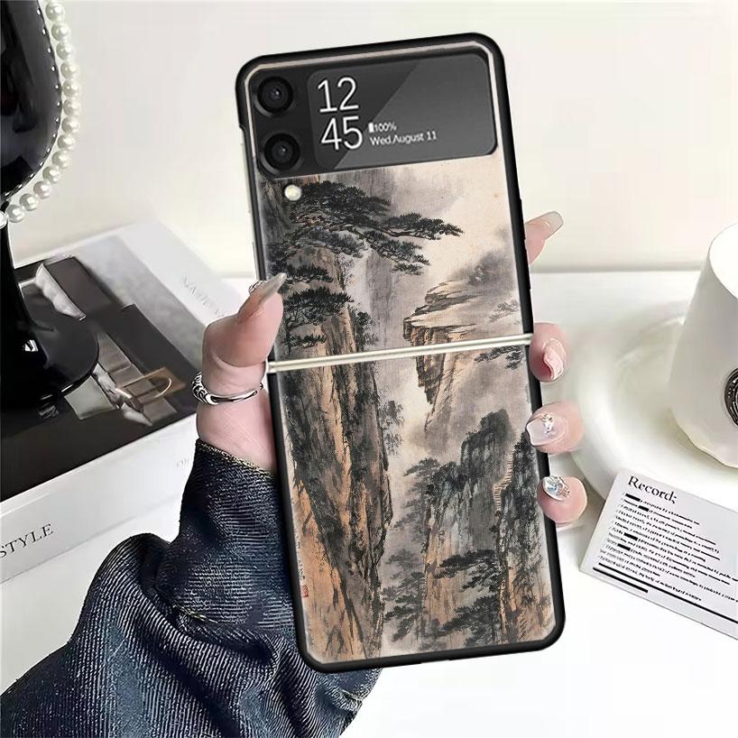 Chinese Style ink Painting Art Cases For Samsung Galaxy Z Flip 4 5 6 7 3 Z Flip7 Flip6 Flip4 Flip5 Flip3 5G Hard Shockproof Fund