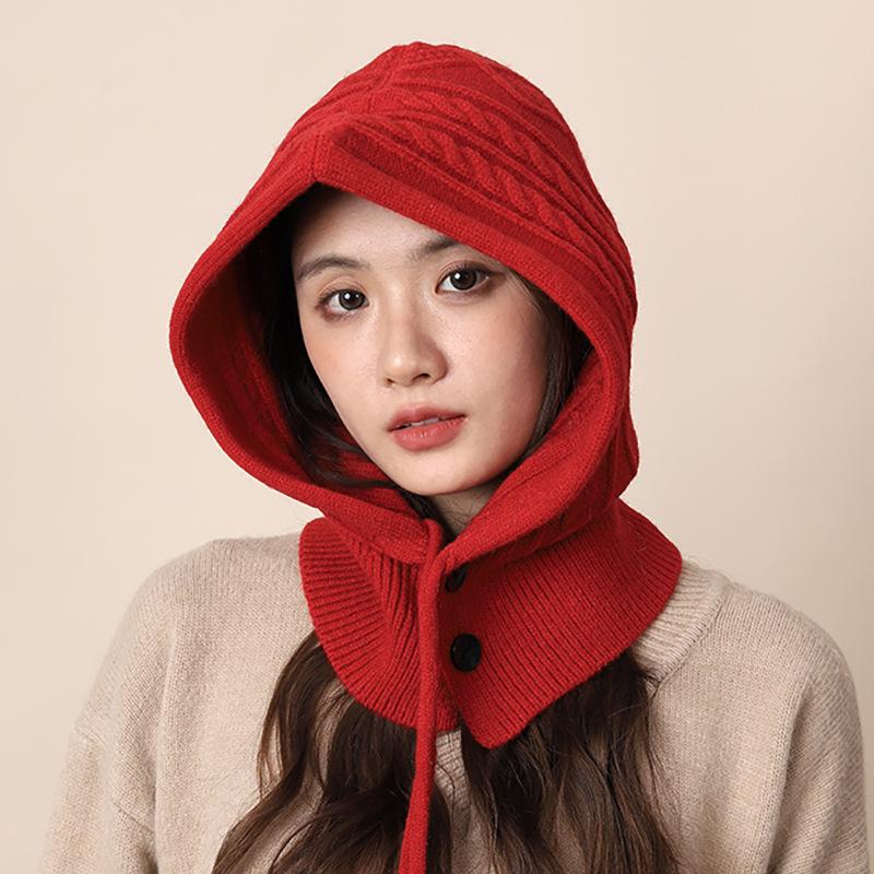 Vintage Red Balaclava Hat Women's Winter Warm Gloves Scarf Integrated Couple Ear Protectors Wool Knitted Hat