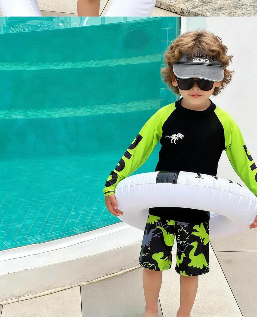 2026 Boys' Two-Piece Dinosaur Swimsuit Set – Long Sleeve, Sun-Protective, Breathable, Quick-Dry