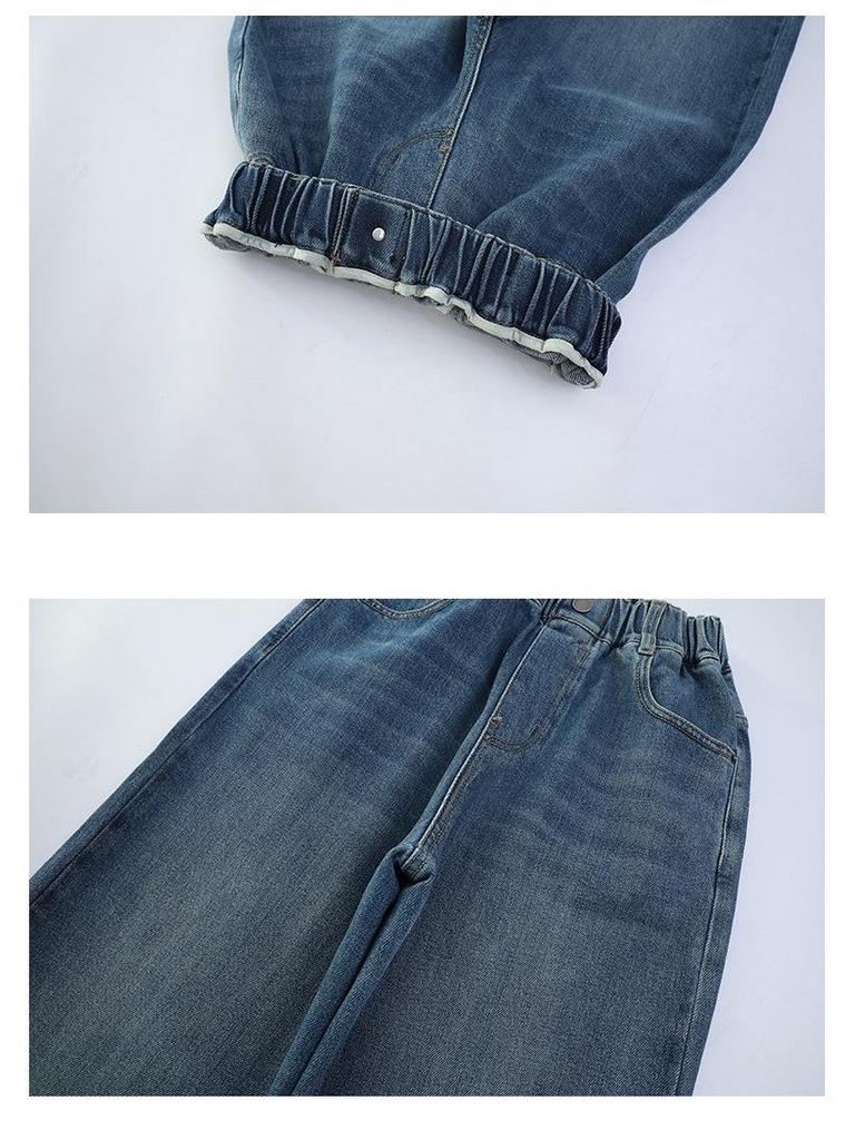 2025 Girls' Embroidered Wide-Leg Jeans: Spring/Fall Casual Straight-Leg Pants for Medium & Big Kids