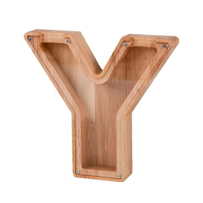 Drewniana Kreskówkowa Skarbonka z Literkami - Przezroczysty Pojemnik na Monety Ozdoba Prezent