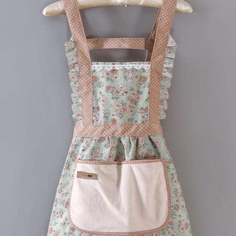 Floral Large Pocket Canvas Cotton Apron Kitchen Home Wipeable Hand Strap