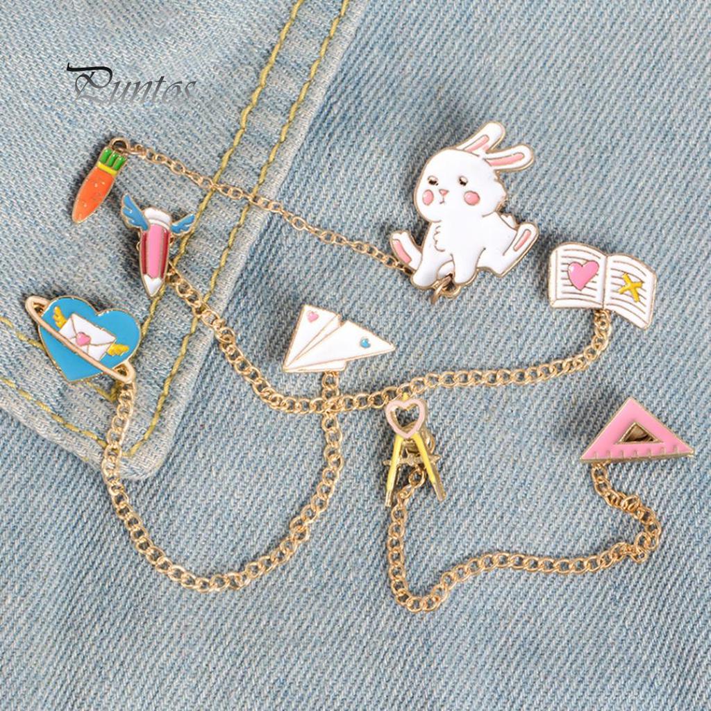 Beauty Earrings Women Cute Rabbit Carrot Heart Book Ruler Denim Jacket Collar Chain Brooch Pin