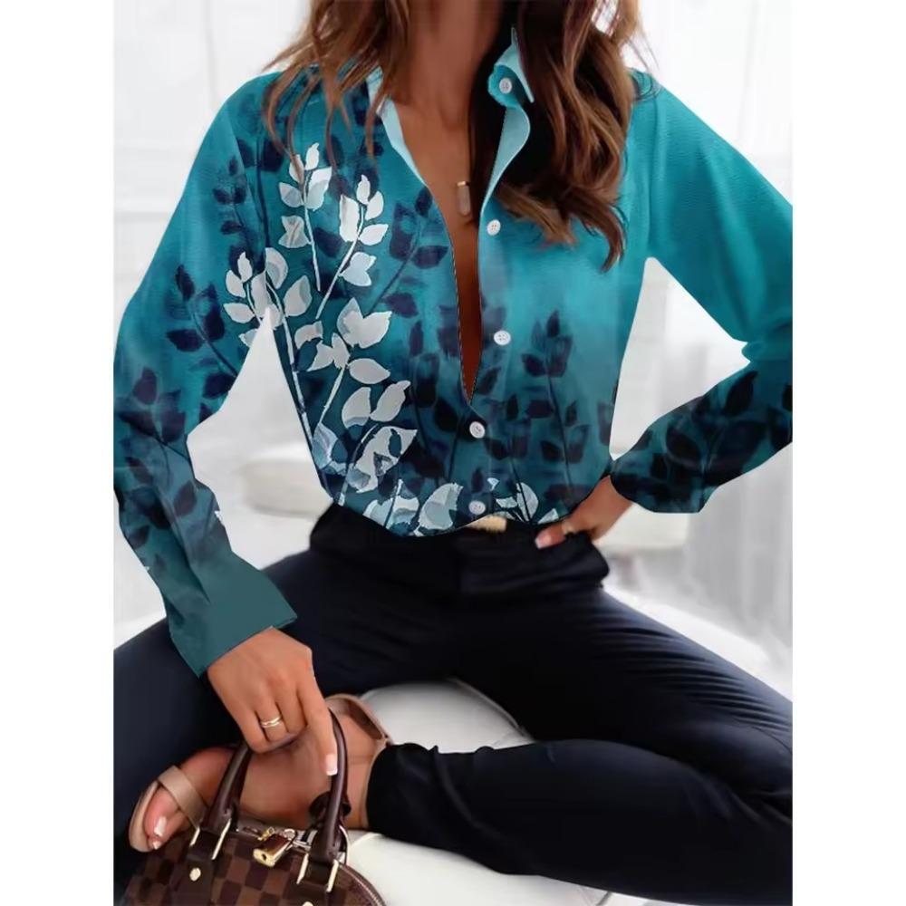 Women's  Fashion Geometric Buttons Blouse Lapel Neck Blouse Womens Long Sleeve Shirts Womens Clothing Female Clothing